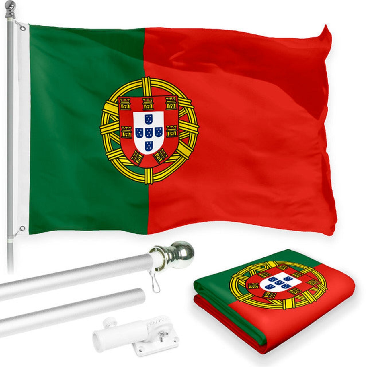 G128 Combo Pack: 6 Feet Tangle Free Spinning Flagpole (Silver) Portugal Portuguese Flag 3x5 ft Printed 150D Brass Grommets (Flag Included) Aluminum Flag Pole